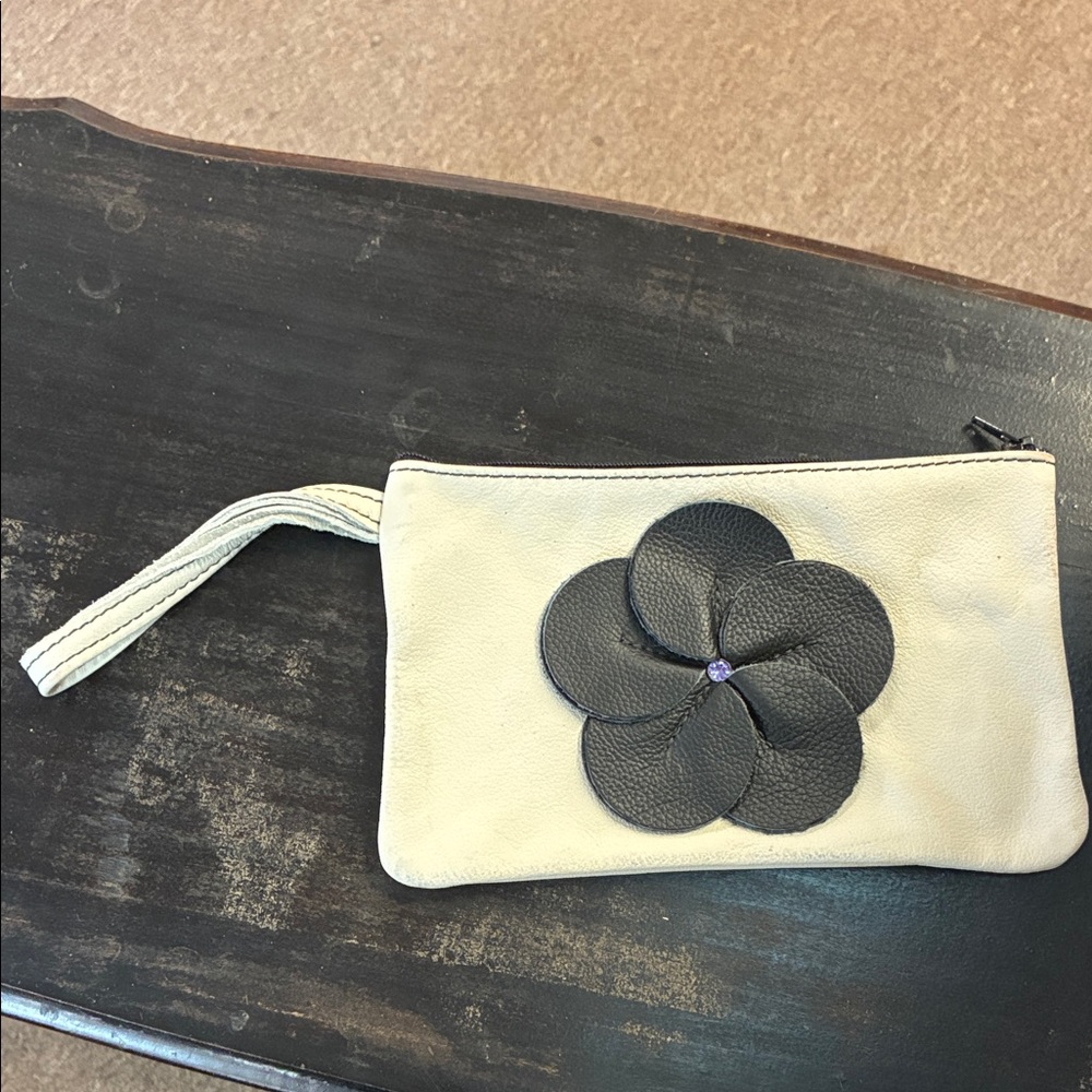 Ivory Leather Wristlet Clutch with Black Flower Accent